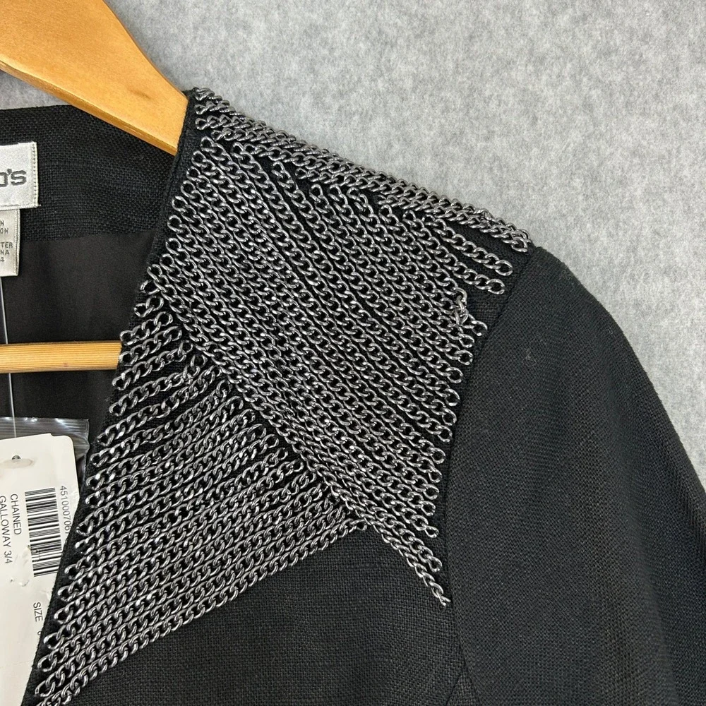 Chicos Chained Galloway 3/4 Jacket Black Linen Blend Silver Chain Size 0 / S NWT